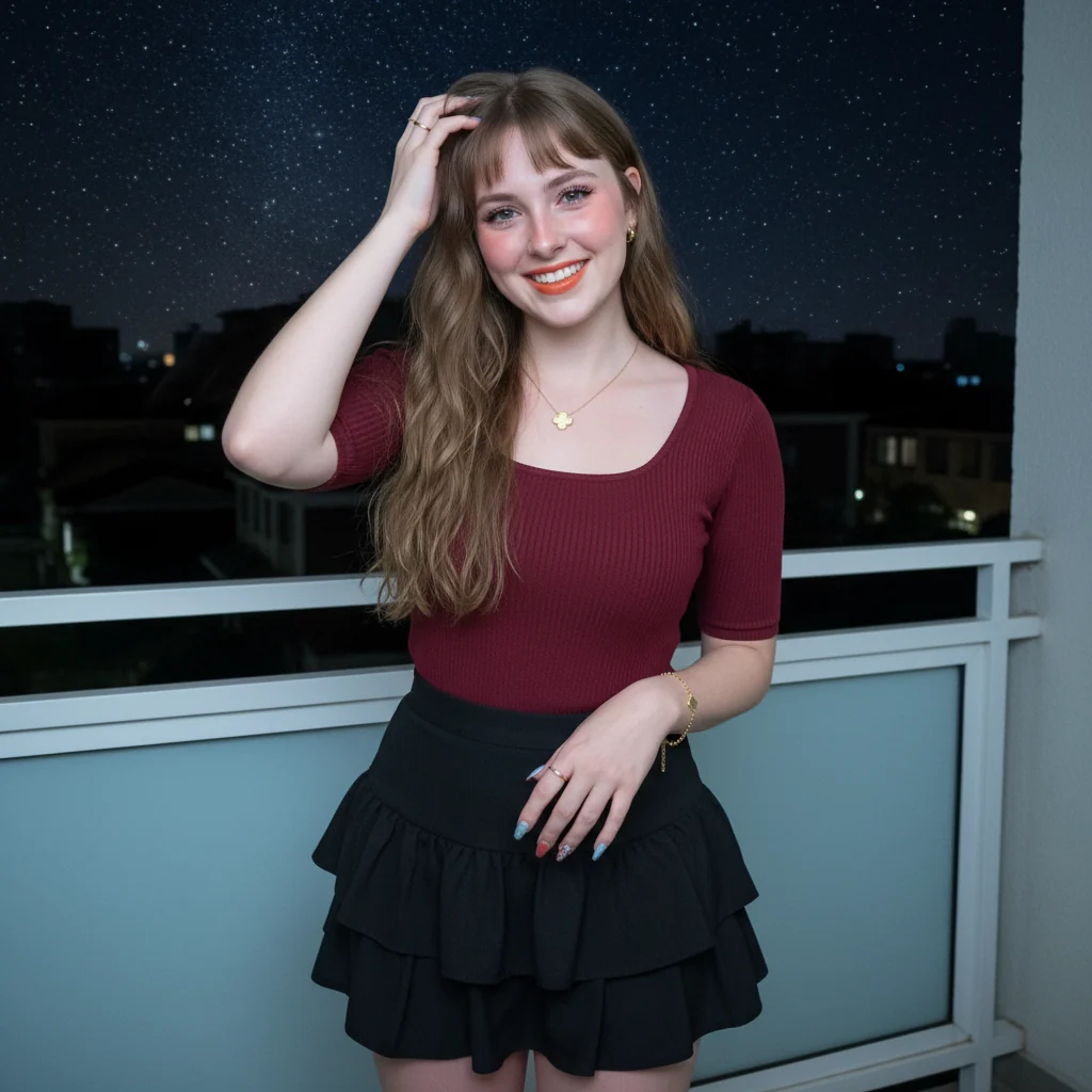 Balcony flash portrait generated with Wan2.7-Image in a square composition